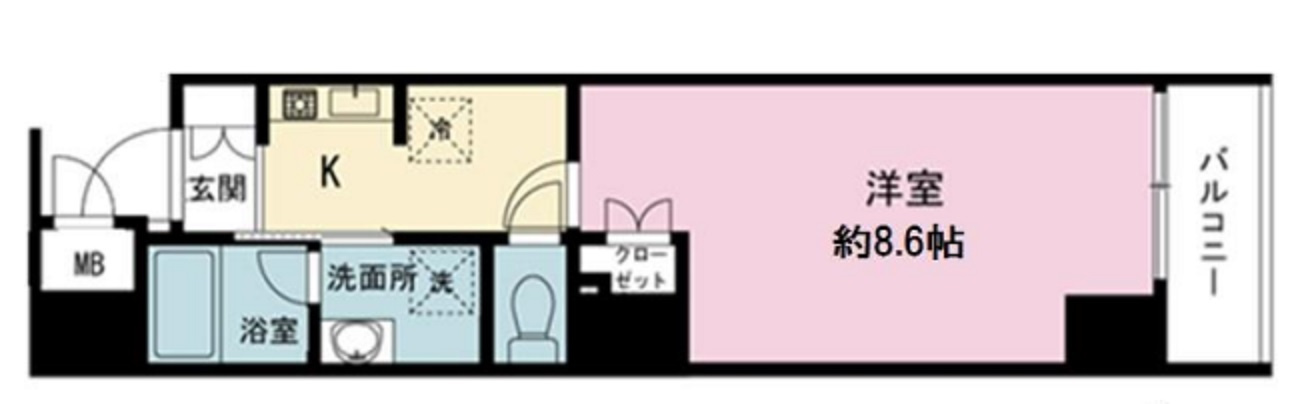 Gransite　Kamataグランジット蒲田の間取り|間取り 東向きバルコニー広めの1K洋室8.6帖バストイレ別独立洗面台！