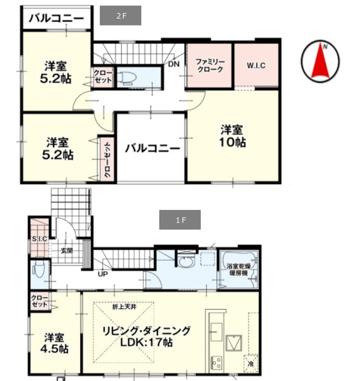 【間取り】 | 高崎市吉井町長根　新築住宅 | 折下天井がおしゃれな17帖のLDKに加え、1階には客間としても使える4.5帖の洋室を配置。2階にはW.I.Cやファミリークロークを備え、収納力と開放感を両立した使い勝手の良い間取りです。