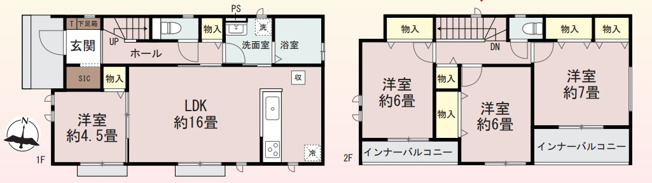 【間取り】 | 高崎市小八木町　築住宅 | LDK約16畳と全居室収納付きの4LDK。1階に洋室（約4.5畳）とSIC、2階に2つのインナーバルコニーを備え、家族それぞれのプライベート空間と収納力が充実した快適な間取りです。