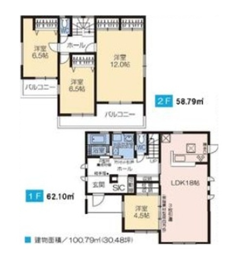 【間取り】 | 北群馬郡榛東村広馬場　新築住宅　 | 折下天井のある18帖のLDKや1階の4.5帖洋室に加え、玄関には大容量のSICを配置。2階には12帖のゆとりある主寝室と複数のバルコニーを備え、収納力と開放感を両立した機能的な間取りです。
