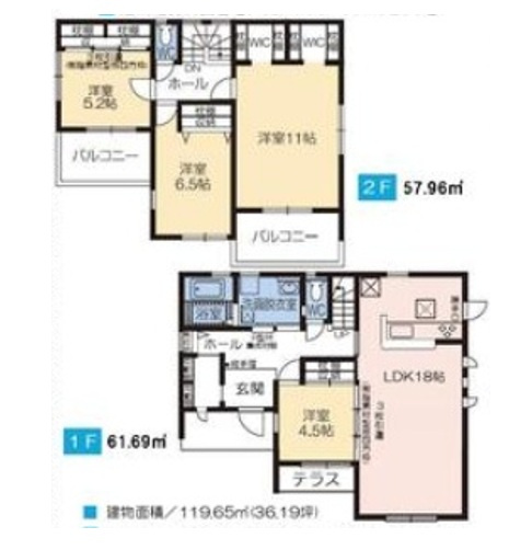 【間取り】 | 北群馬郡榛東村広馬場　新築住宅　 | 18帖の広々としたLDKに、1階の4.5帖洋室やテラスを配置。2階には11帖のゆとりある主寝室やWIC、複数のバルコニーを備え、優れた収納力と快適な居住空間を両立した機能的な間取りです。
