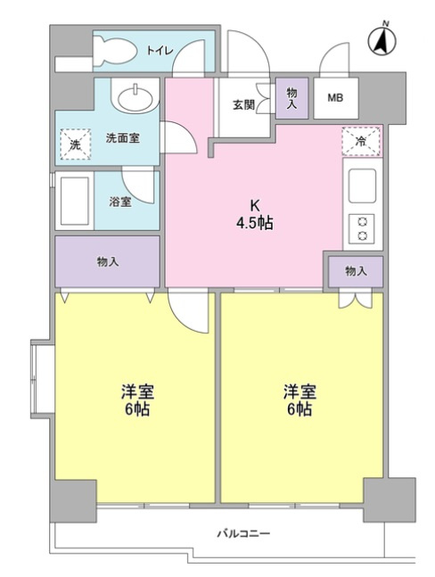 クオーレイナバの間取り|南向きバルコニー南西角部屋振り分け2K