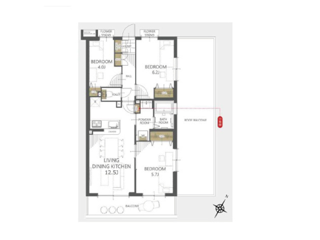 【間取り】 | クリオ富士見台壱番館　（成増店） | 角部部屋に開放感のあるルーフバルコニー付き
※図面を基に作成しています。現況と異なる場合は現況を優先いたします。