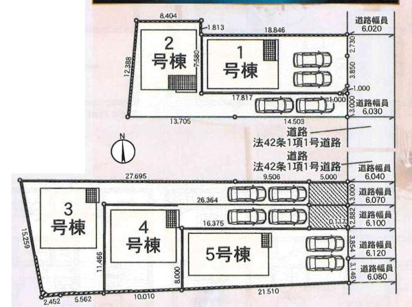 豊田市井上町第12　全5棟・1号棟の区画図