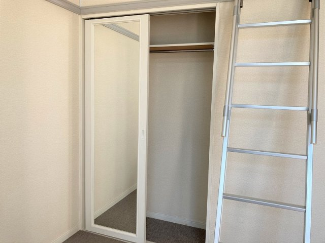 レオパレス大針の内装|ハンガーパイプ付き、鏡付きの収納スペース。
