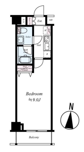 プレール・ドゥーク羽田WESTⅡの間取り|南向きバルコニーの1K洋室9帖バストイレ別独立洗面台