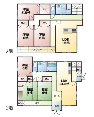 【間取り】 | 磐田市国府台　二世帯住宅 | 1階：3LDK、2階：3LDK