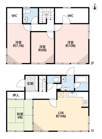小牧市光ヶ丘４丁目　中古戸建の間取り|全居室南向き＆６帖以上！　南面のLDK16帖＋和室6帖の続き間でゆとりの空間♪
ウォークインクローゼット２ヶ所あり。