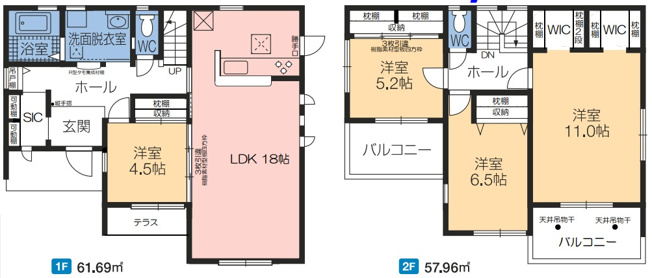 【間取り】 | 北群馬郡榛東村新井　新築住宅　 | 18帖の広々としたLDKに、1階の4.5帖洋室やテラスを配置。2階には11帖のゆとりある主寝室やWIC、複数のバルコニーを備え、優れた収納力と快適な居住空間を両立した機能的な間取りです。