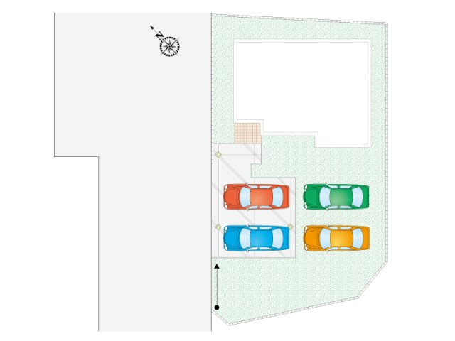 【1号棟:区画図】駐車4台可能なゆとりの敷地。来客時の駐車や将来的な増車にも対応できます。前面道路も広く、車の出し入れもスムーズです。