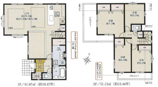 【間取り】 | 海老名市国分寺台2丁目  1号棟 8期 | 4LDK　都市ガス　リビング及びダイニングに床暖房　シャッター2箇所付　バルコニー2箇所　浴室乾燥機+窓　オープンキッチン　食洗器・浄水器　リビング収納　土間収納　リネン庫　LDK25.5帖