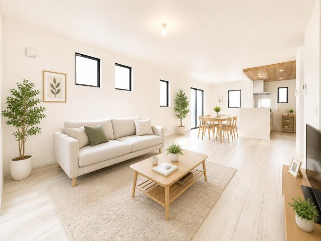 藤沢市大庭　新築1棟の居間・リビング|【内観モデル写真】リビングは一番居心地のいいものであって欲しいですね。開放感のある広々リビングに光と風を呼び込みます。