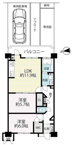京阪『淀』駅徒歩３分の駅近☆専用庭＆専用駐車場付２ＬＤＫ☆室内改装済み美室☆グローバル淀の間取り