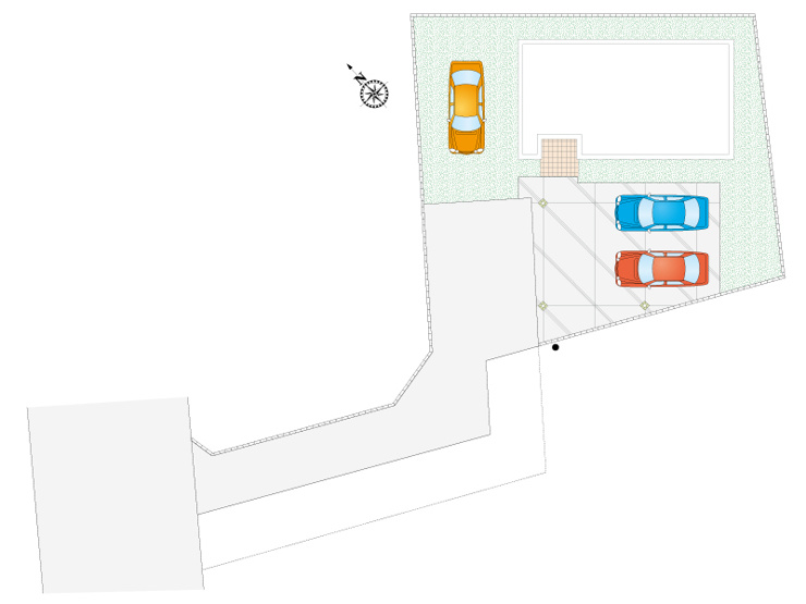 【2号棟:区画図】駐車3台可能。来客時の駐車や将来的な増車にも対応できます。