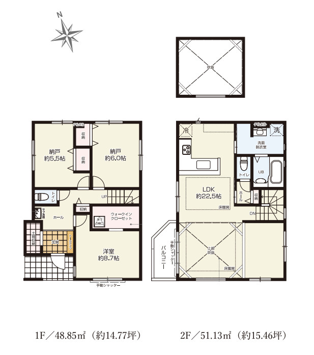 さいたま市大宮区上小町　13期　新築一戸建て　KEIAI GRACE　02の間取り|【全2棟・2号棟】さいたま市大宮区上小町　13期　新築一戸建て　KEIAI GRACE　02・1LDK+2S・土地面積109.49m2・建物面積99.98m2