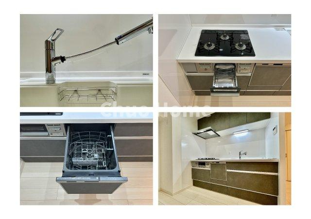 東陽町ガーデニアB棟のキッチン|【システムキッチン】ワイドで収納豊富な使い勝手の良いシステムキッチンには、食洗器・伸縮タイプのキッチン水栓、三ツ口コンロ・魚焼きグリルなどの便利な設備が標準完備されています。