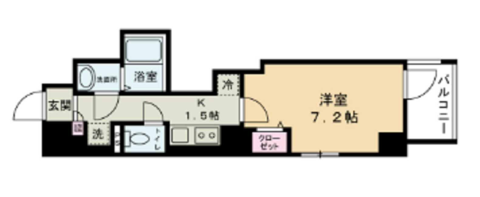 リビオン大森の間取り|北向きバルコニー北東角部屋2面採光洋室7.2帖の1Kバストイレ別独立洗面台！