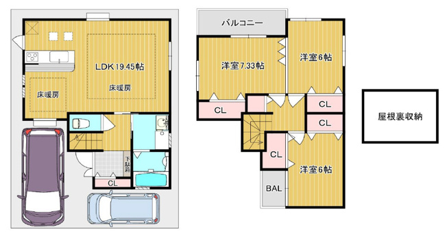 【間取り】 | 八尾市旭ヶ丘2丁目 | 【LDK広々約19帖！屋根裏収納付き♪オール電化☆2024年3月エコキュート交換済み☆設備＆収納充実☆全居室6帖以上、2ドア1ルームあり♪2面バルコニー☆室内クリーニング済み☆室内丁寧にご使用です☆】