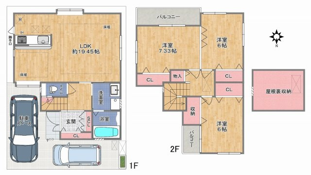 【間取り】 | 八尾市旭ヶ丘2丁目 | 【LDK広々約19帖！屋根裏収納付き♪オール電化☆2024年3月エコキュート交換済み☆設備＆収納充実☆全居室6帖以上、2ドア1ルームあり♪2面バルコニー☆室内クリーニング済み☆室内丁寧にご使用です☆】