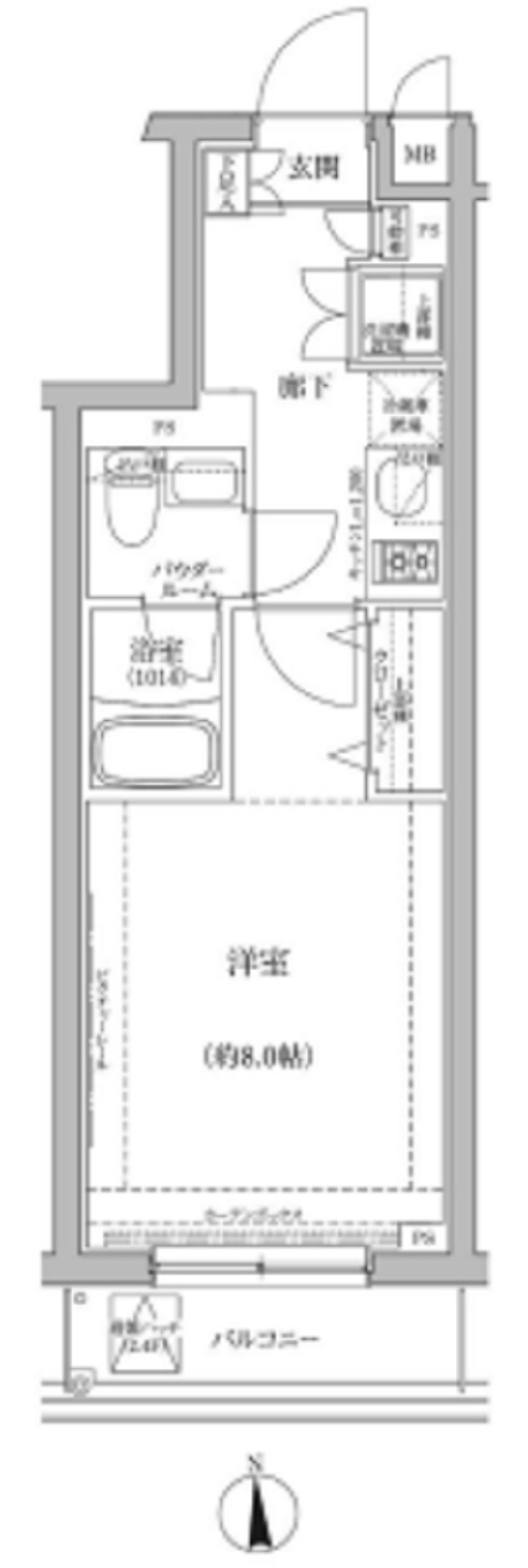 パティーナ蒲田Duoの間取り|南向きバルコニー洋室8帖の1Kバストイレ別独立洗面台！