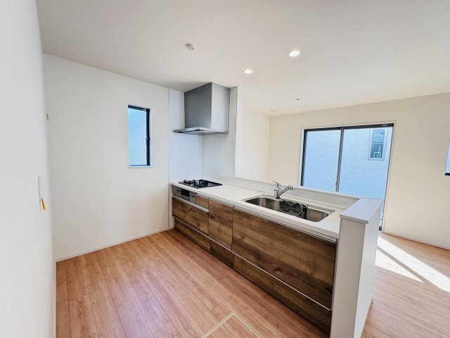 市川市国分３丁目新築戸建のキッチン|お手入れしやすいレンジフード・シンクの水栓には浄水器がついてます！