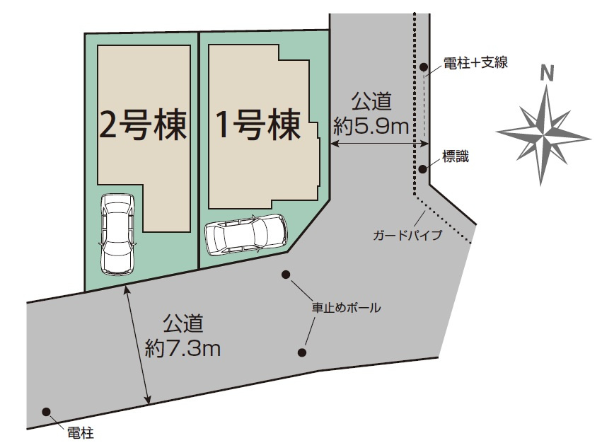 練馬区上石神井4丁目　南道路幅員約7m　新築分譲住宅全2棟の区画図