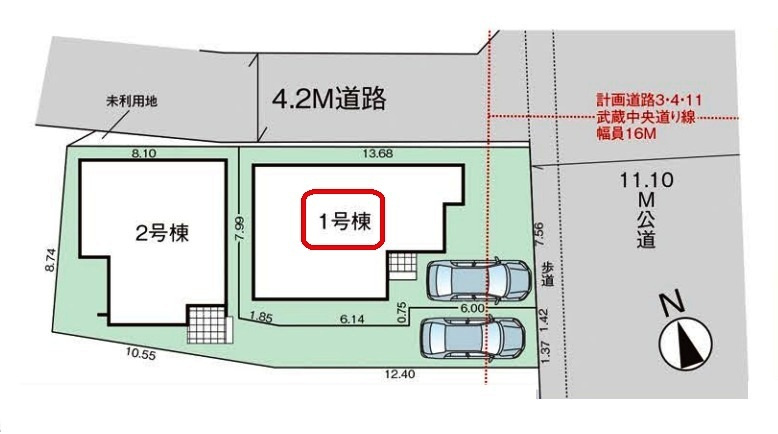入間市扇町屋3丁目・全2棟　新築一戸建　1号棟の区画図|【全2棟・1号棟】カースペース1台・土地面積110.00平米（約33.27坪）