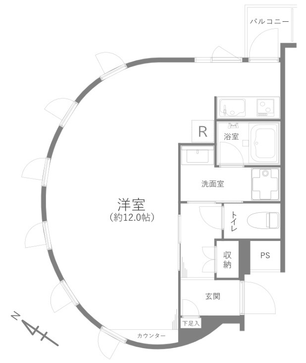 プレール潮見ピアクラブの間取り|窓が多く通風良好な１R