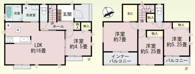 【間取り】 | 高崎市小八木町　築住宅 | LDK約16畳と1階洋室に加え、2階にはWICや各居室の物入など豊富な収納を完備。バルコニーやインナーバルコニーを備えた開放的な4LDKです。