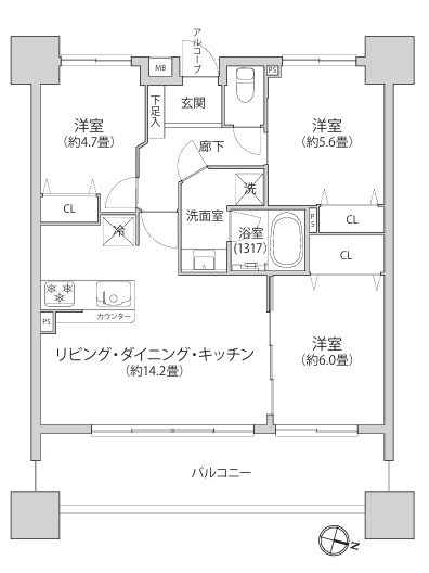 サーパス茅ヶ崎第2の間取り|ワイドバルコニーです。