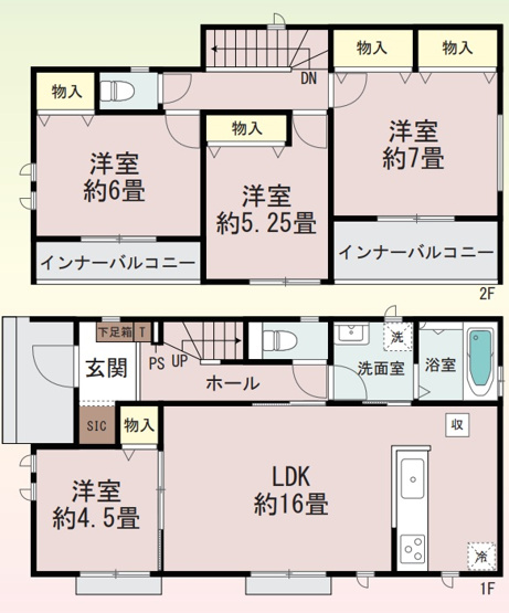 【間取り】 | 高崎市新保町　築住宅 | LDK約16畳と1階洋室に加え、2階の各居室には物入を完備。さらにシューズインクローゼットや各階の豊富な収納を備えた快適な間取りです。