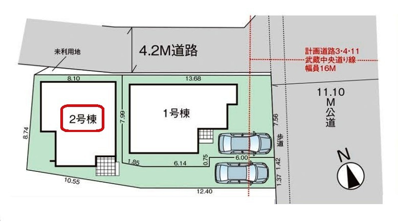入間市扇町屋3丁目・全2棟　新築一戸建　2号棟の区画図|【全2棟・2号棟】カースペース1台・土地面積112.77平米（約34.11坪）
