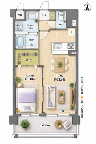 【間取り】 | ラファセエスティーロ箱崎駅前☆仲介手数料無料☆ | ※本図に表示されている家具・家電・照明・インテリア・観葉植物等は、AIによる配置イメージです。実際には設置されておらず、売買対象にも含まれません。図面と現況が相違する場合は、現況を優先いたします。