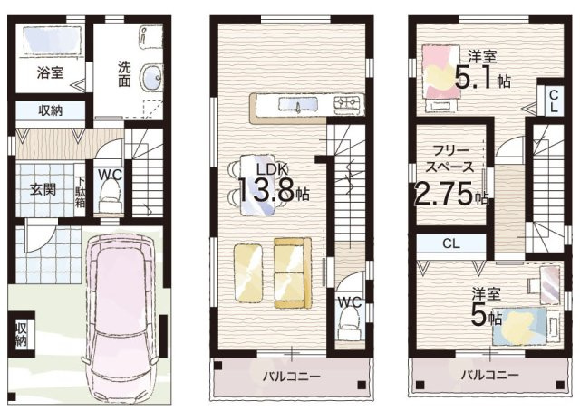堺市東区南野田　新築一戸建ての間取り