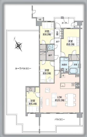 エンゼルラクシィ南大沢の間取り|～南向き4LDK　南東角住戸につき陽当たり・風通し良好　広々ルーフバルコニー付き～