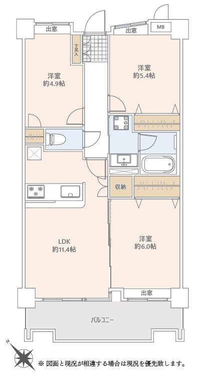 ライオンズガーデン西浦和第二の間取り|【3LDK：61.82㎡】【バルコニー面積：9.64㎡】対面式システムキッチン（食洗機付き）・各居室に収納クローゼット付き・各居室に出窓付きで通風も良好＆南西向きバルコニーで陽当たり良好◎