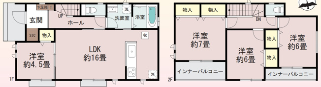 【間取り】 | 前橋市朝日が丘町　新築住宅 | 約16畳のLDKに1階の4.5畳洋室、玄関のSICや物入を配置。2階には複数のインナーバルコニーや各室の物入を備え、多彩な部屋数と豊富な収納力を両立した使い勝手の良い機能的な間取りです。