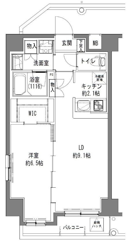 TLRレジデンス大鳥居の間取り|間取り　東向きバルコニーカウンターキッチンの1LDKウォークインクローゼット付