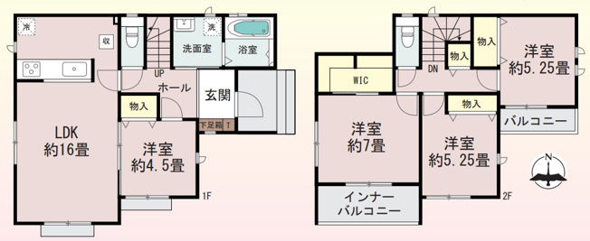 【間取り】 | 前橋市南町　新築住宅 | LDK約16畳と全居室収納に加え、1階洋室や2階WICを備えた使い勝手の良い4LDK。各階トイレやインナーバルコニーなど快適性も抜群です。