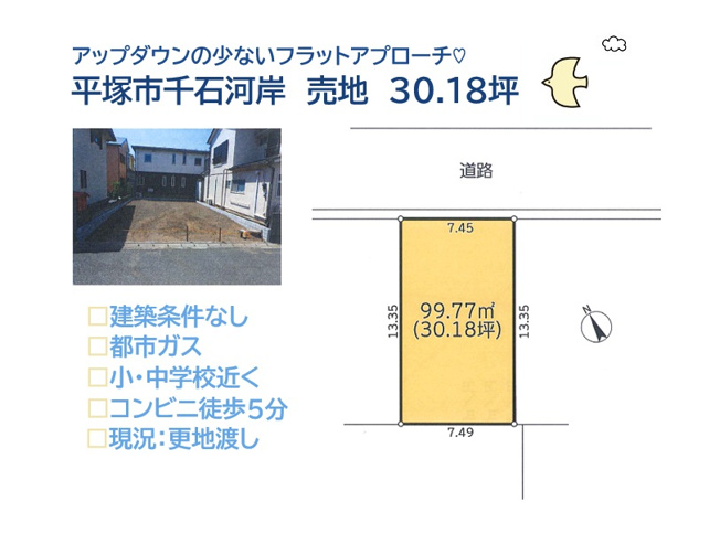 【土地図】 | お好きな施工会社で理想の住まいが建てられる「建築条件なし」　
小・中学校近く、コンビニ（徒歩５分）お車移動にも便利なR134号線近く！
憧れのシーサイドライフが満喫できますよ♪