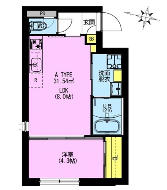 ADORE URBAN大森町Aの間取り|西向き北西角部屋の1LDK