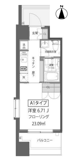ガーデン蒲田の間取り|南向きバルコニーの1K洋室6.71帖！バストイレ別別独立洗面台付