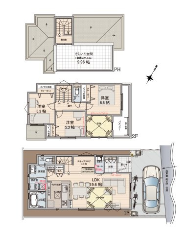 【間取り】 | 和光市南1丁目　中古一戸建住宅（成増店） | 【間取図】
家事ラクと心のゆとりを生む先進動線

3LDK＋スキップフロア＋そらいろ空間
土地面積／100.31㎡(約30.34坪)
建物面積／ 94.39㎡(約28.55坪)