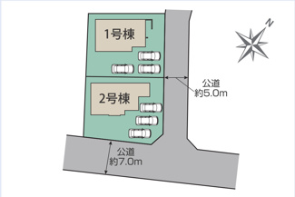【区画図】 | 甲斐市竜王新町 オール電化新築 全2棟 2号棟 並列駐車3台 | 1号棟区画図