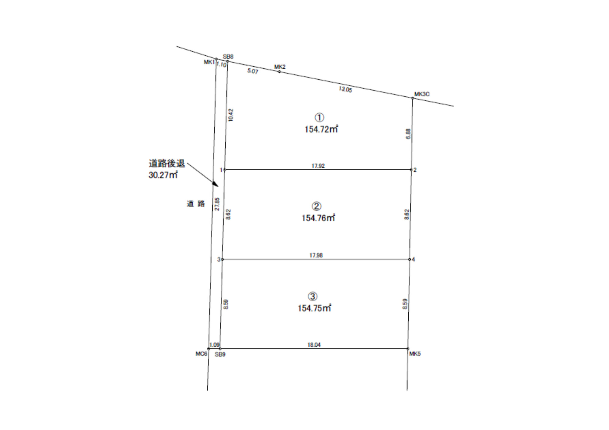 青梅市裏宿町2期の区画図|3棟建設予定です。