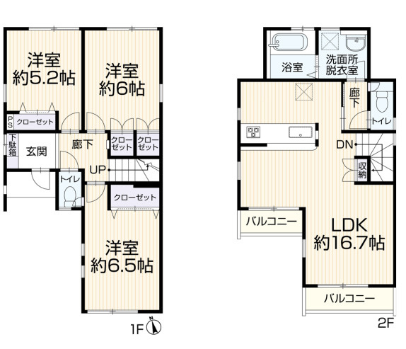 八王子市台町３丁目の間取り|2階にリビングと水回りが集約されており、外からの視線を気にせず家族でリラックスした時間を過ごせます。1階には個室が3つあり、お子様の成長に合わせたお部屋割りやテレワーク用の書斎としても活用できます。