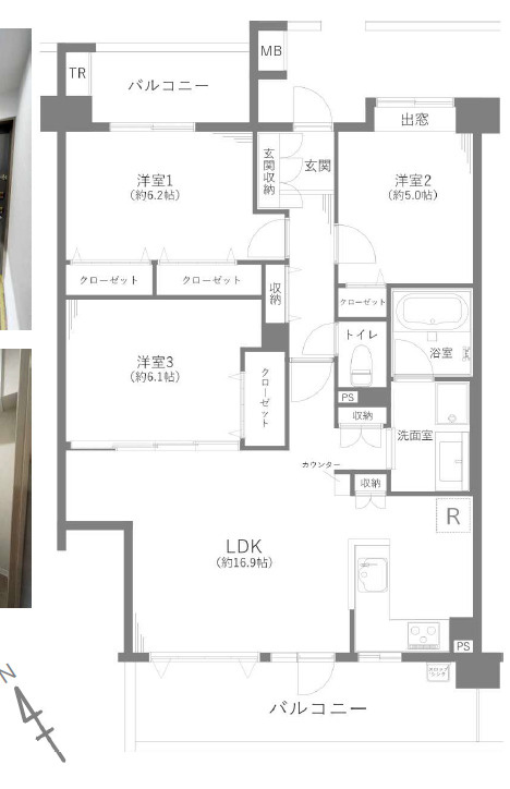 ヒューマンスクエア東浦和アトレシア壱番館の間取り|【3LDK：77.50㎡】【バルコニー面積：16.19㎡】約17帖のLDKは南西向きのバルコニーからの自然光で明るいリビング！洋室は在宅ワークや趣味のお部屋、お子様のお部屋としてお使いいただけます。
