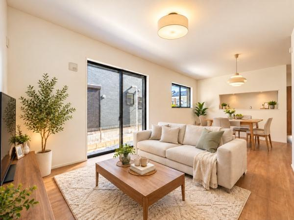 横浜市青葉区つつじが丘の新築一戸建の居間・リビング|自慢したくなるリビング！
形も良く家具の配置にも困りません。
※家具等はCGでの参考レイアウトです。