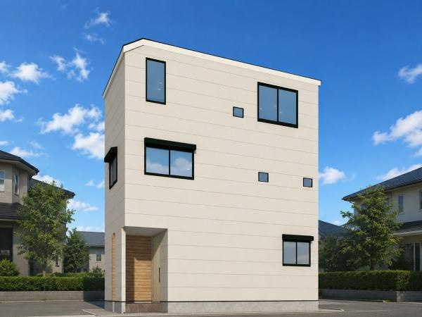 横浜市港北区篠原東１丁目の新築一戸建の完成予想図|外観のイメージパースです。
お洒落な外観で完成が楽しみです。
※背景はCGでのイメージになり、実際とは異なります。
