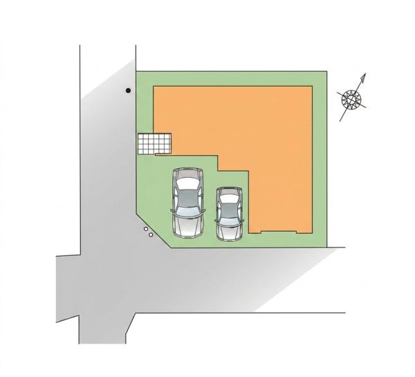 横浜市金沢区釜利谷南２丁目の新築一戸建の区画図|角地に位置しており車2台分の駐車スペースが確保されています。敷地全体が見やすいレイアウトで広々とした配置が特徴です。建物と外構部分がバランスよく設計されています。道路からのアクセスもスムーズです。